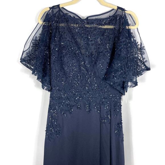 Teri Jon Emma Gown Navy Blue Sequin Lace Flutter Sleeves Side Slit Sz 2 - Picture 4 of 11